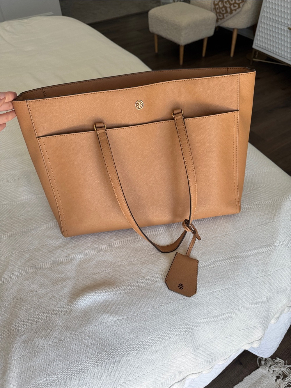 Tory Burch Caramel Leather Tote with Front Pockets